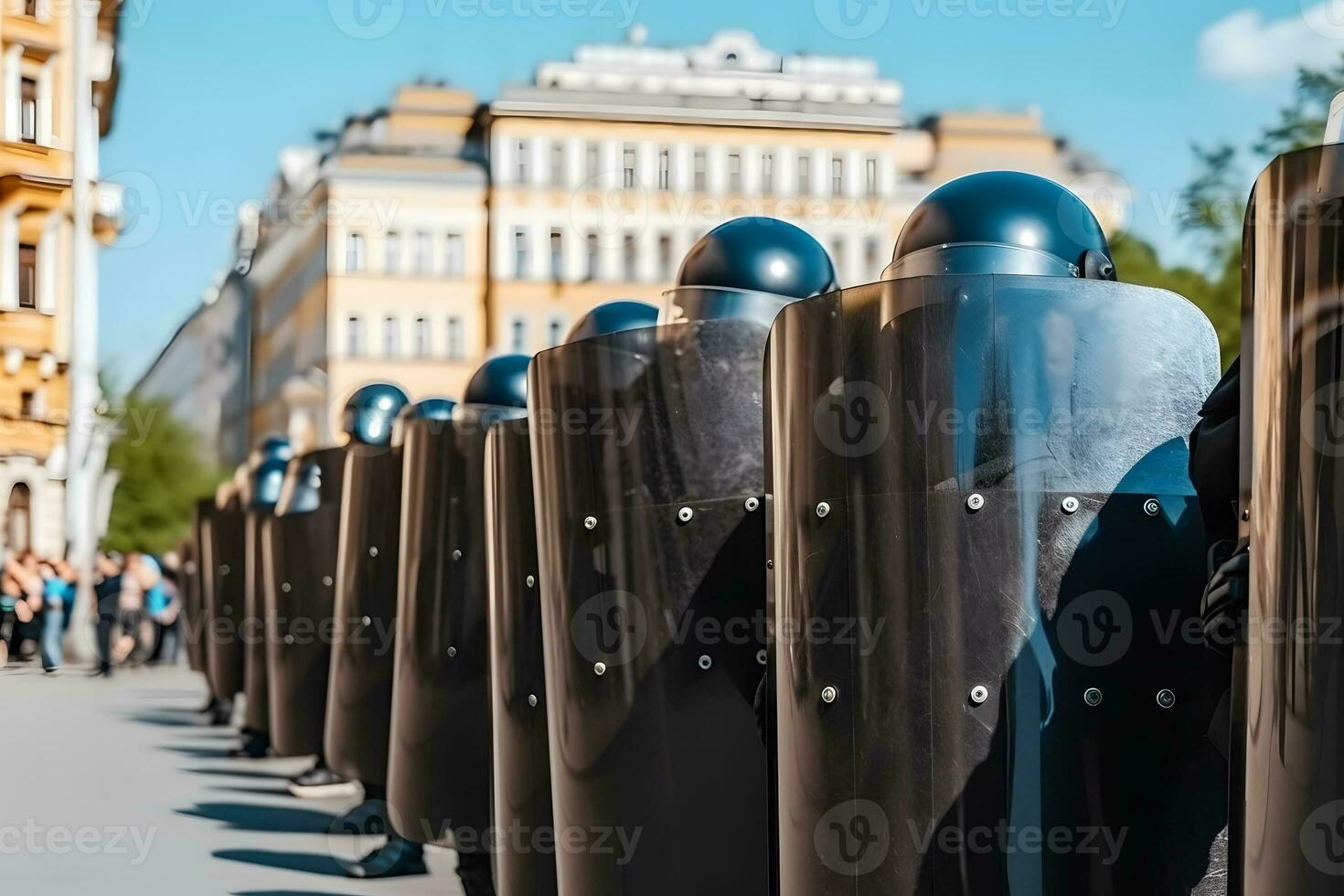 Low angle of anonymous police soldiers in protective uniforms and helmets standing against squad van and defending by riot shields. Neural network AI generated photo