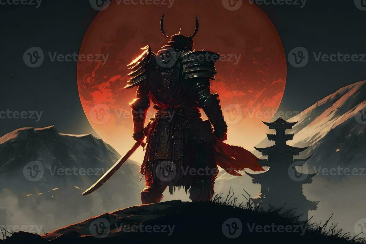 samurai guerrero en el antecedentes de el Luna. dibujos animados fantasía. neural red ai generado foto