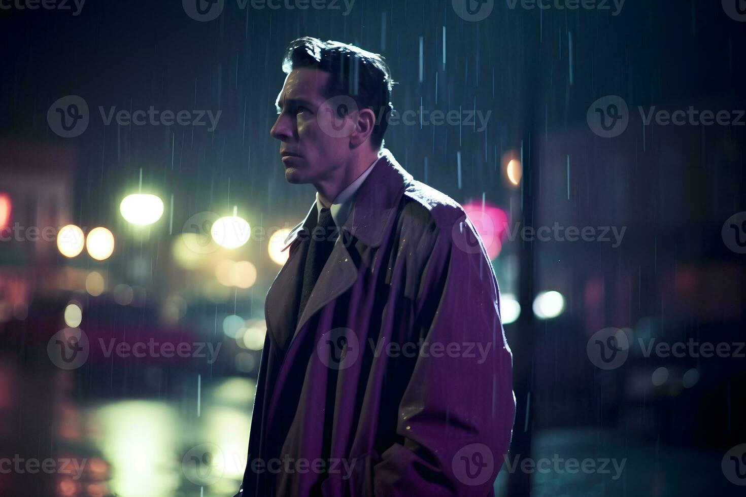 Detective in the rain in the night city. Neural network AI generated photo