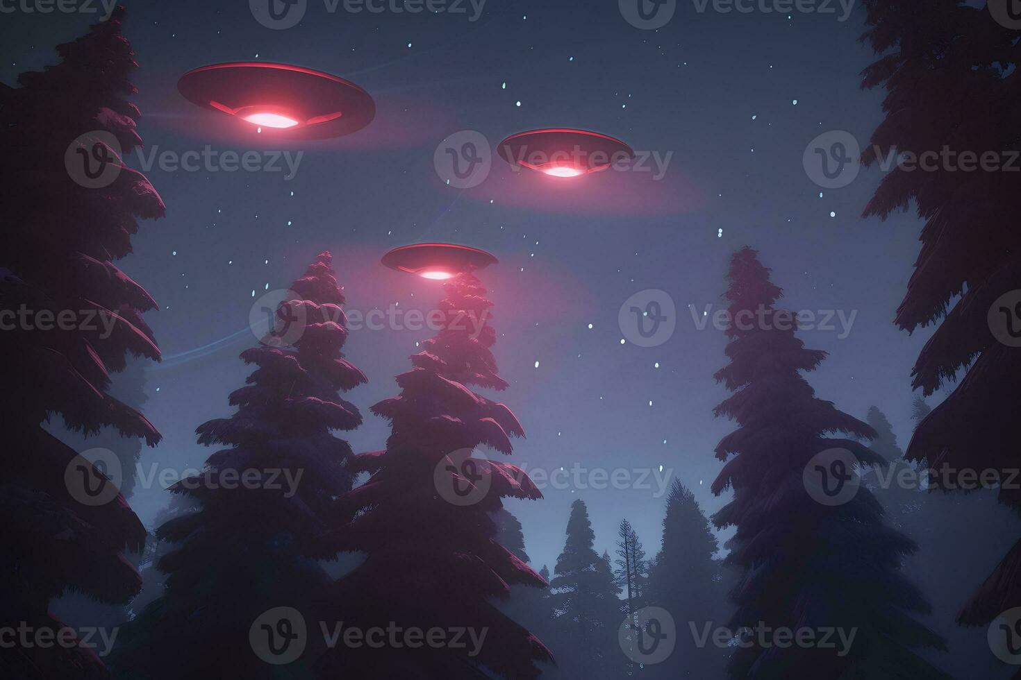 Low key image of UFO hovering over a forest at night with light beam. Neural network AI generated photo