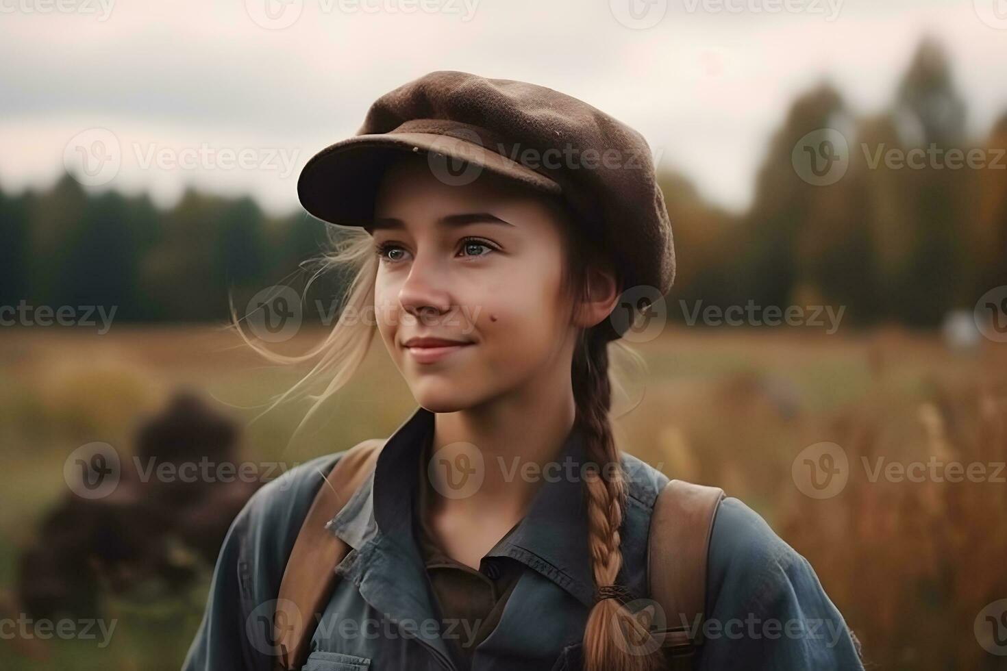 Portrait of a girl against the background of spikelets of wheat. Neural network AI generated photo
