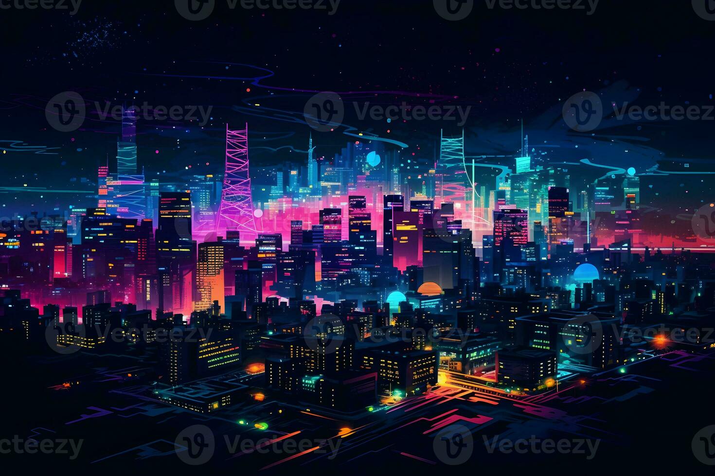 moderno ciudad a noche. neural red ai generado foto