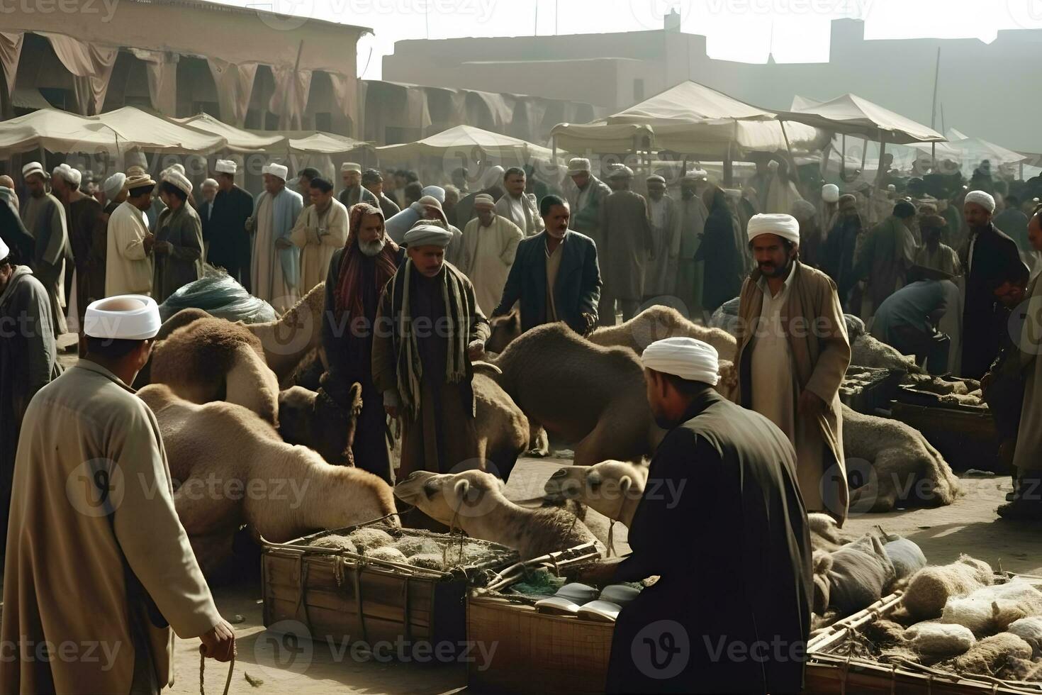 Bedouins and camels in the bazaar. Neural network AI generated photo