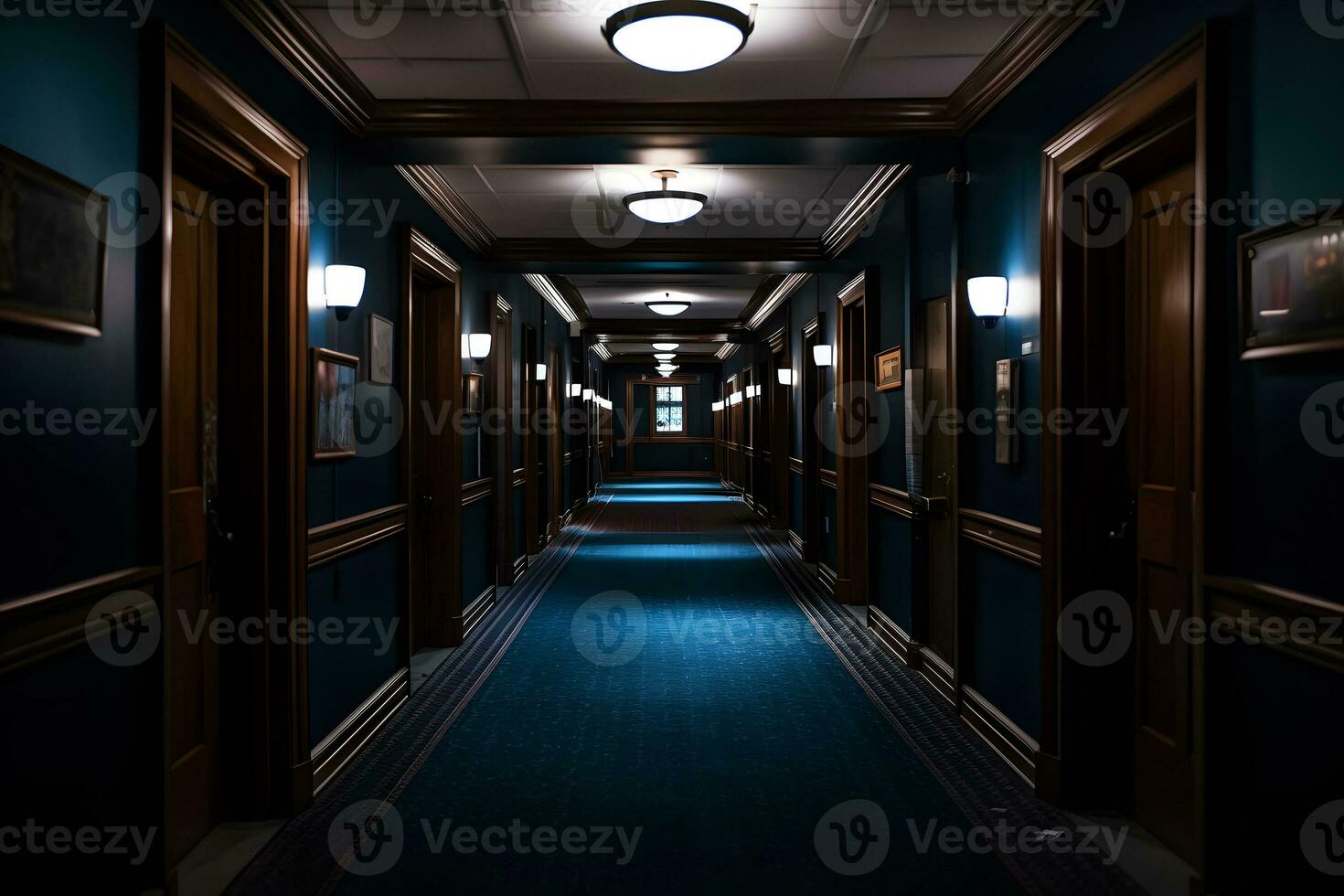 Dark corridor or hallway with many doors, vintage toned. Neural network AI generated photo