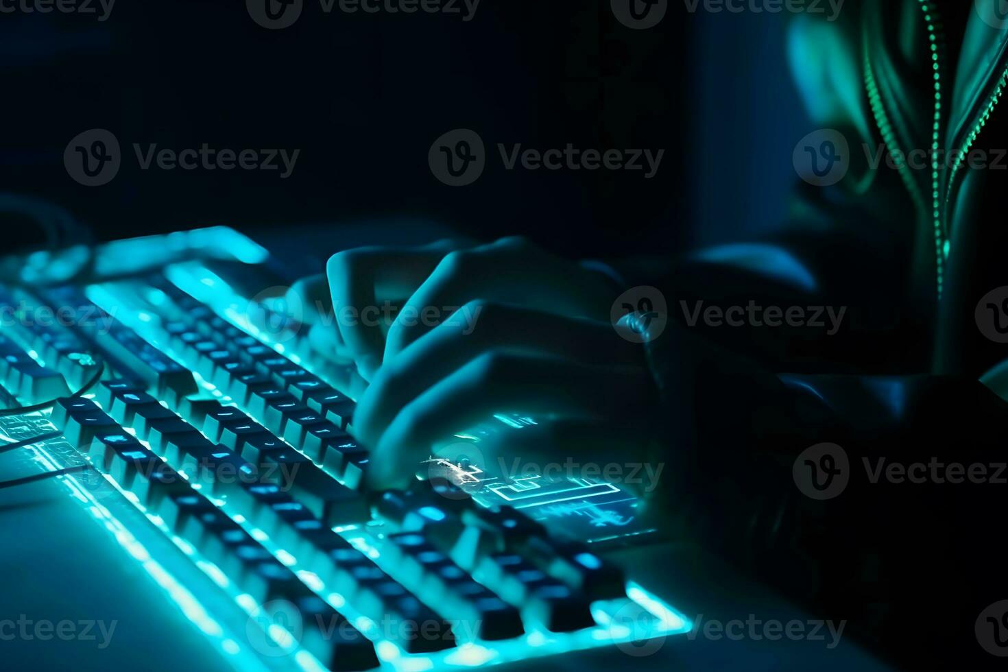 Hacker uses keyboard, shakes buttons with fingers to crack password. Internet security concept, cyber attack. Neon blue color. Neural network AI generated photo