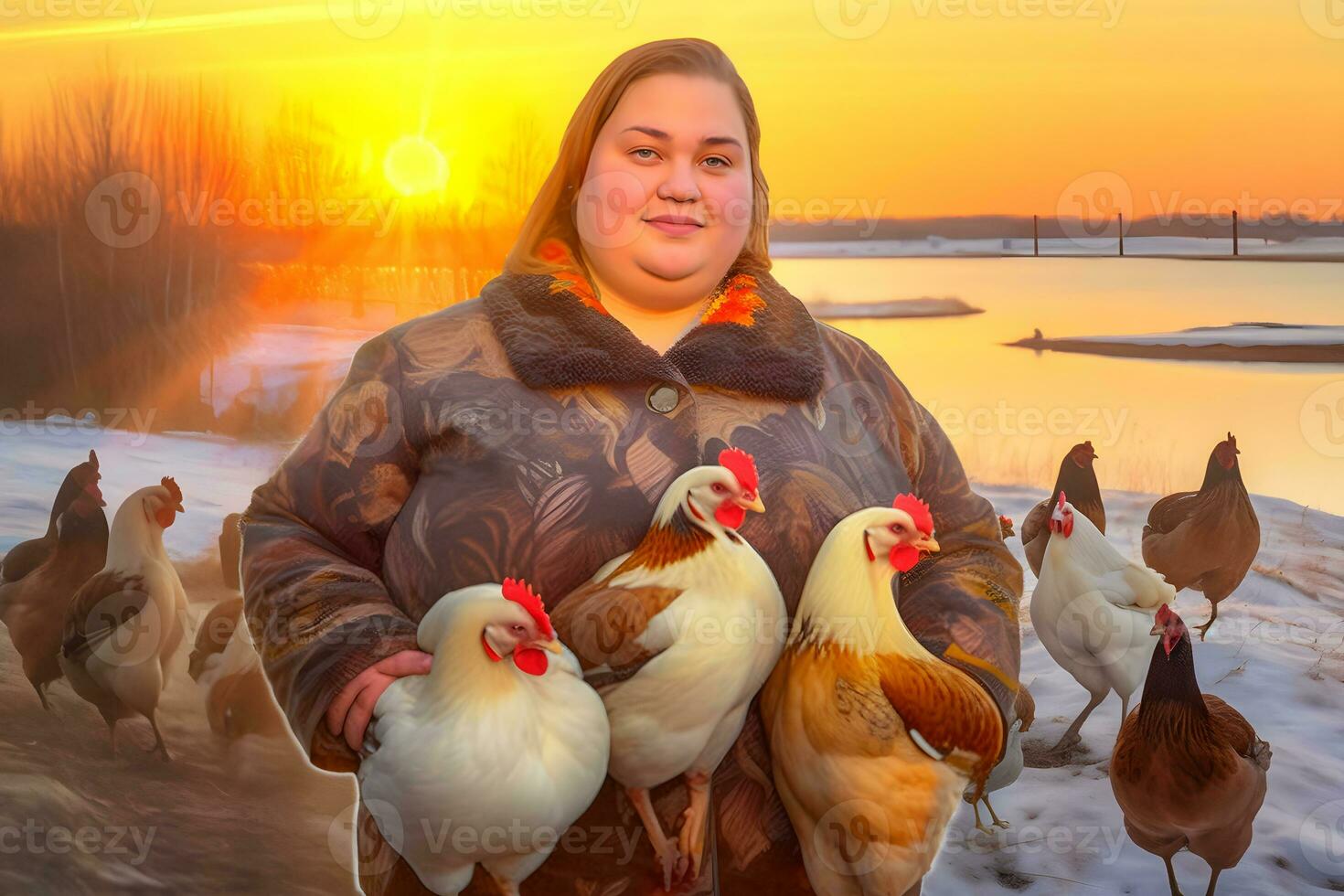 Woman and chickens in the village cartoon style. Neural network AI generated photo