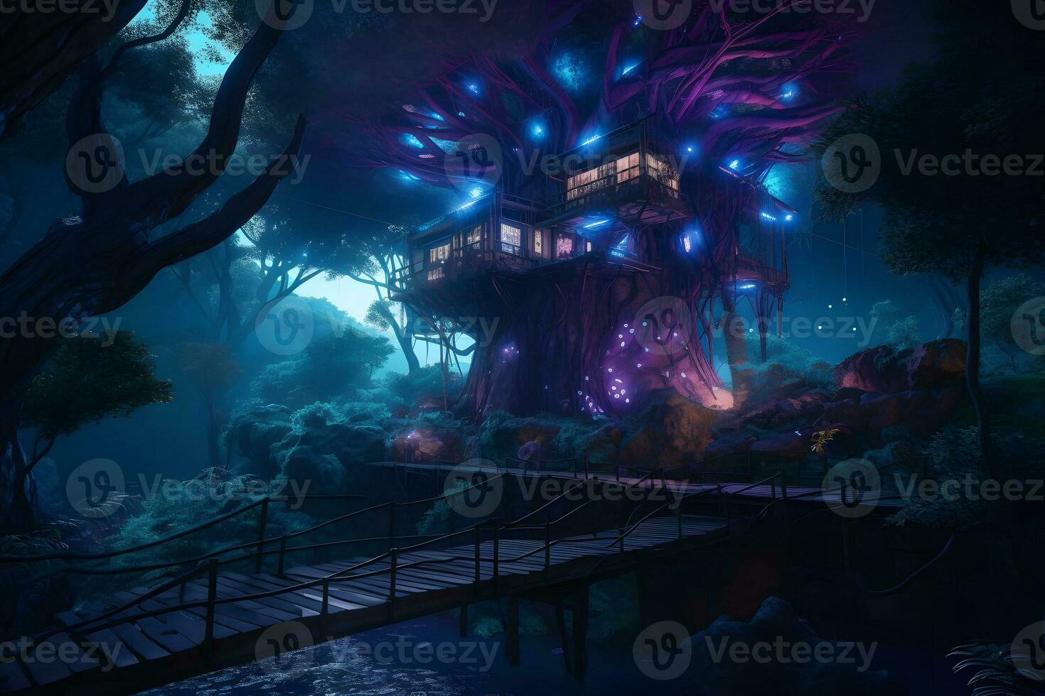 árbol casas en un mágico cuento de hadas bosque. neural red ai generado foto