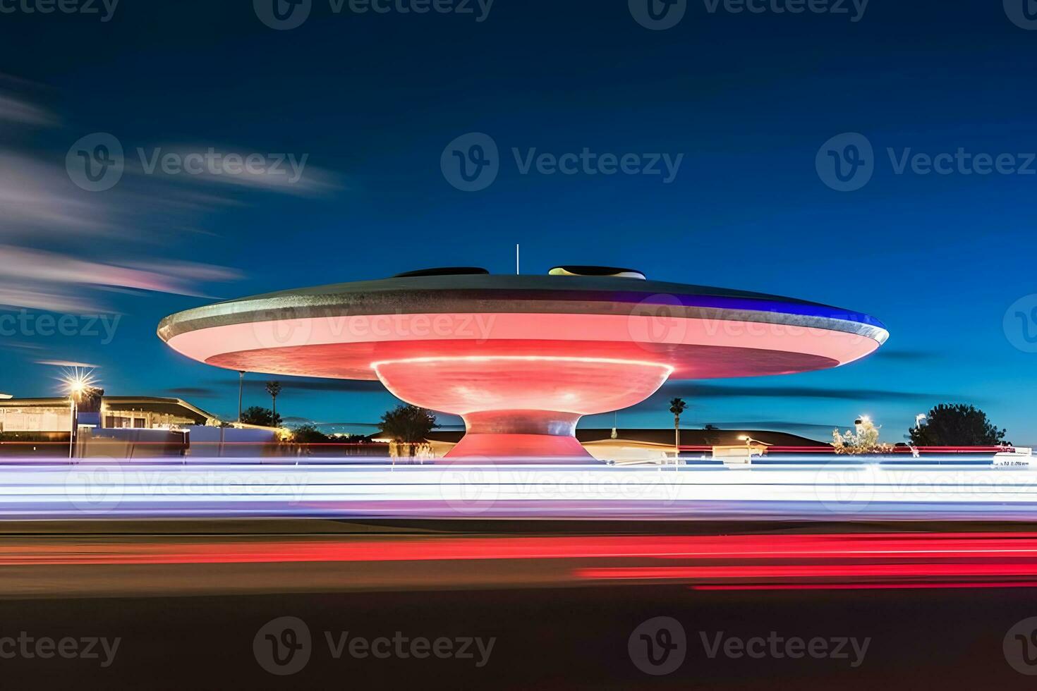 Ufo spaceship over the city. Neural network AI generated photo