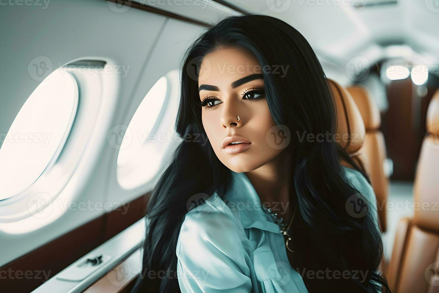 Portrait of a successful girl in a private jet. Neural network AI generated photo