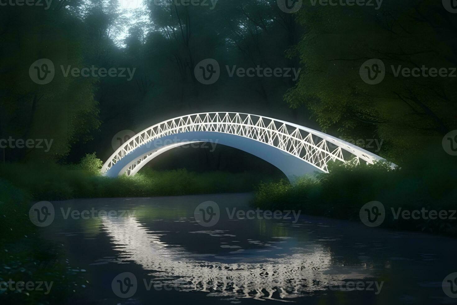 View on beautiful park in springtime with roamantic white bridge. Neural network AI generated photo