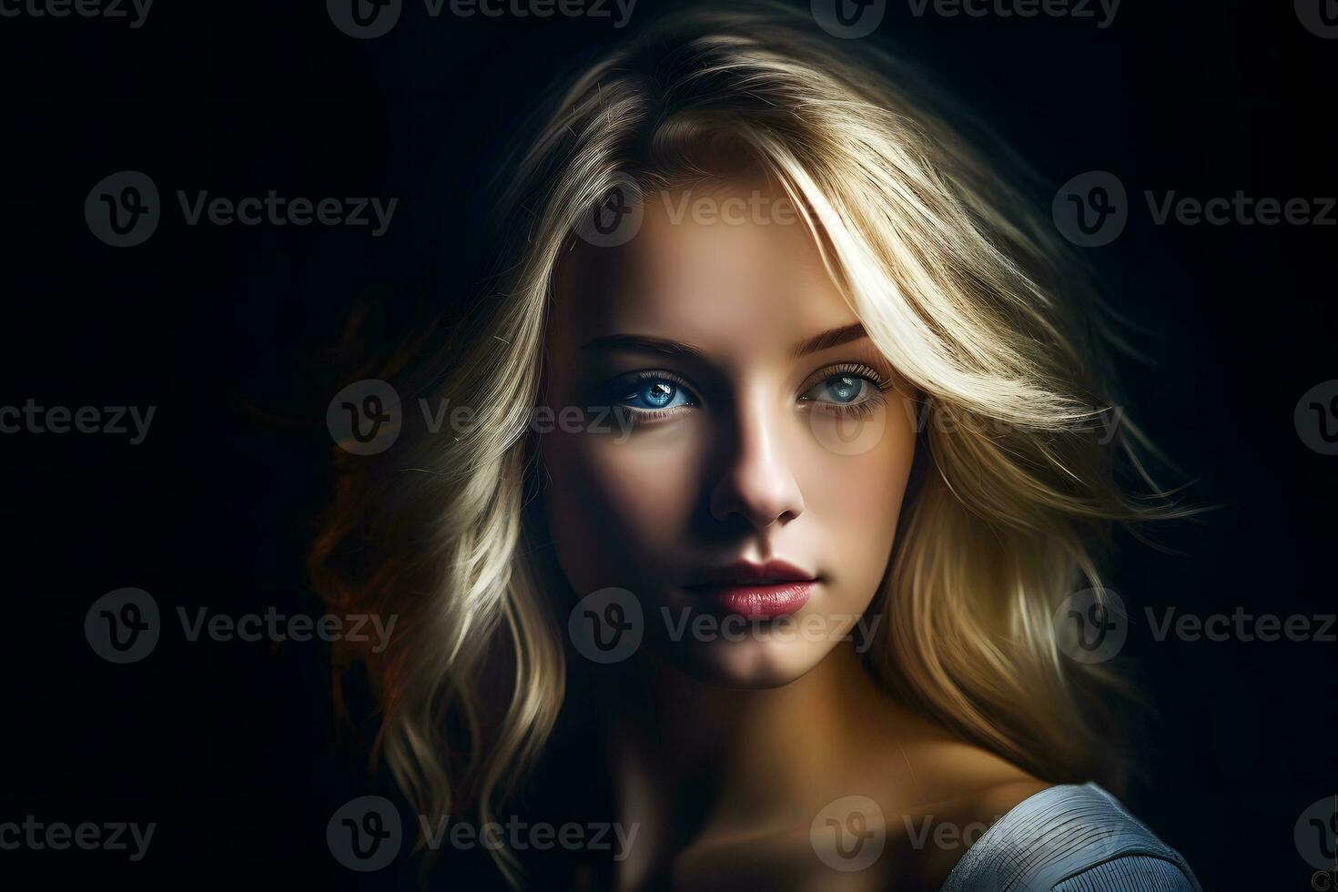 Portrait of a blonde girl on a dark background. Neural network AI generated photo