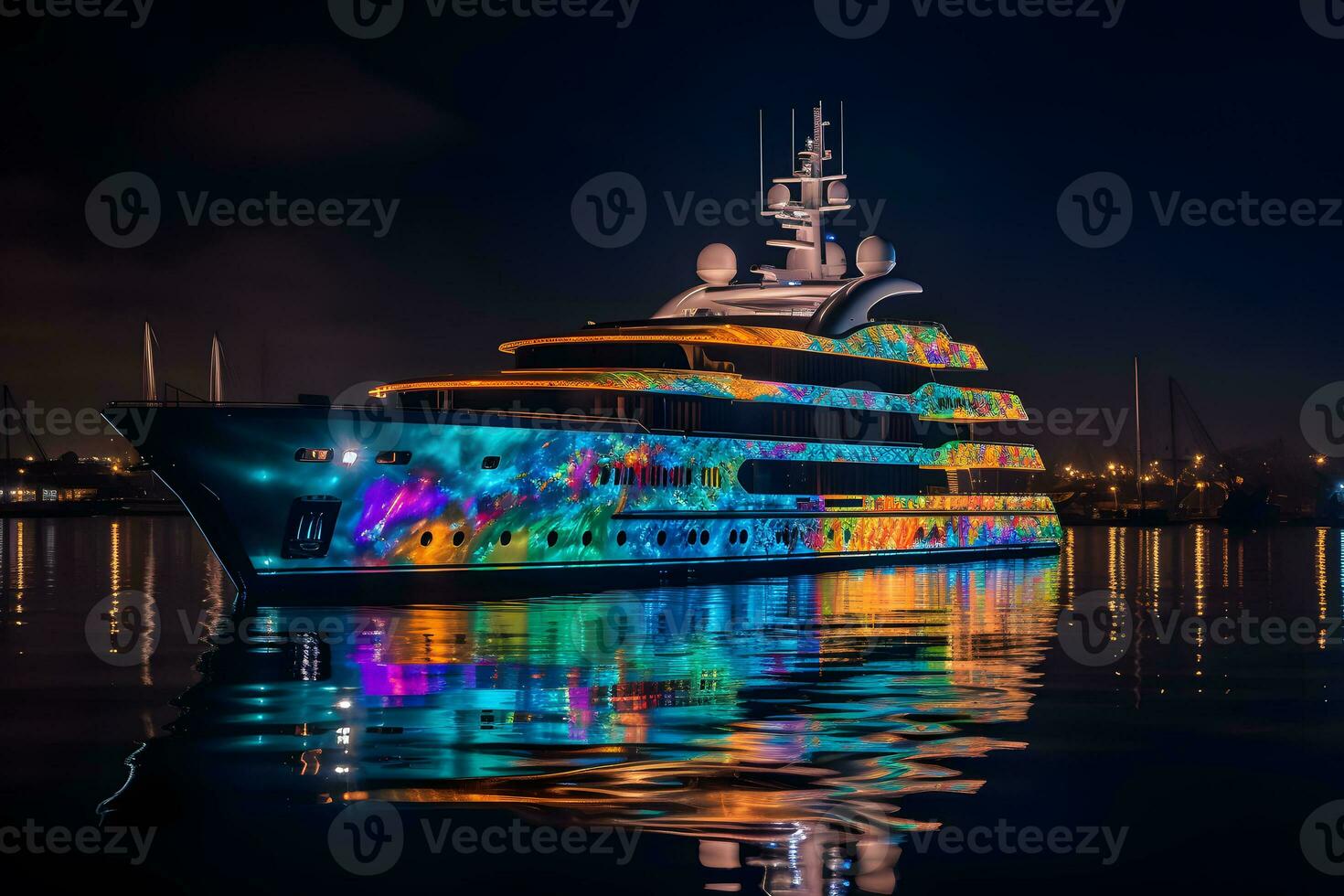 Yacht with neon lighting. Neural network AI generated photo