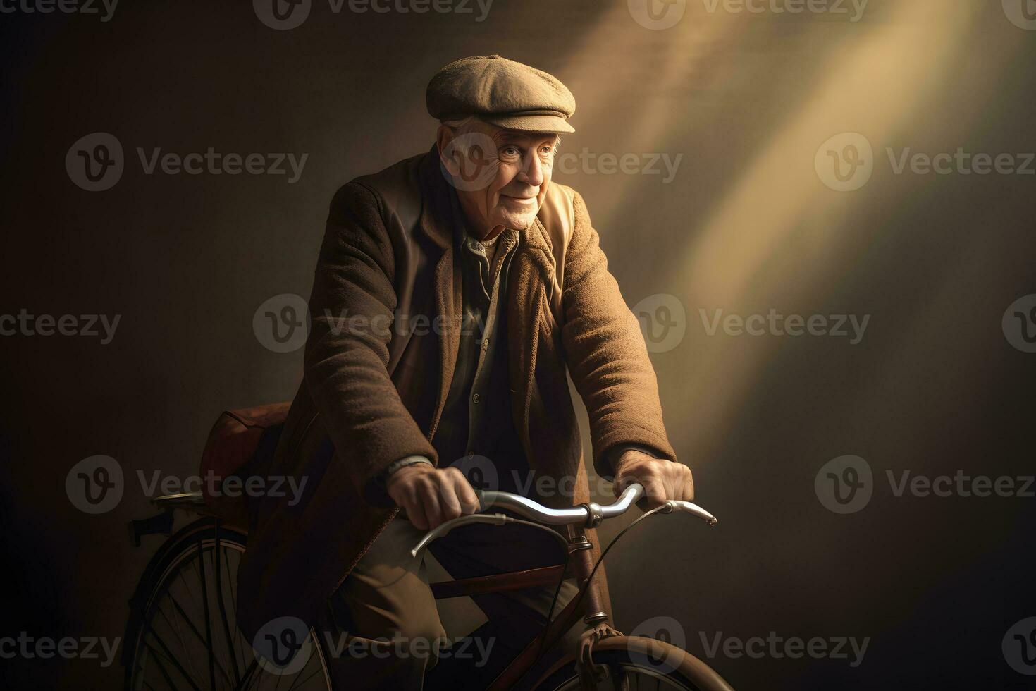 Funny cheerful grandfather on a bike. Neural network AI generated photo