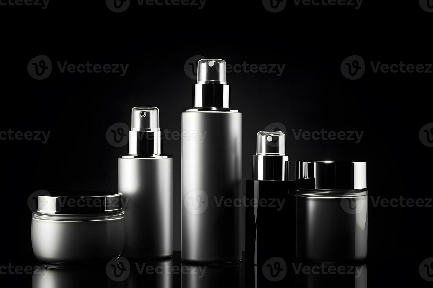 Mockup of cosmetics bottles in black tone. Neural network AI generated photo