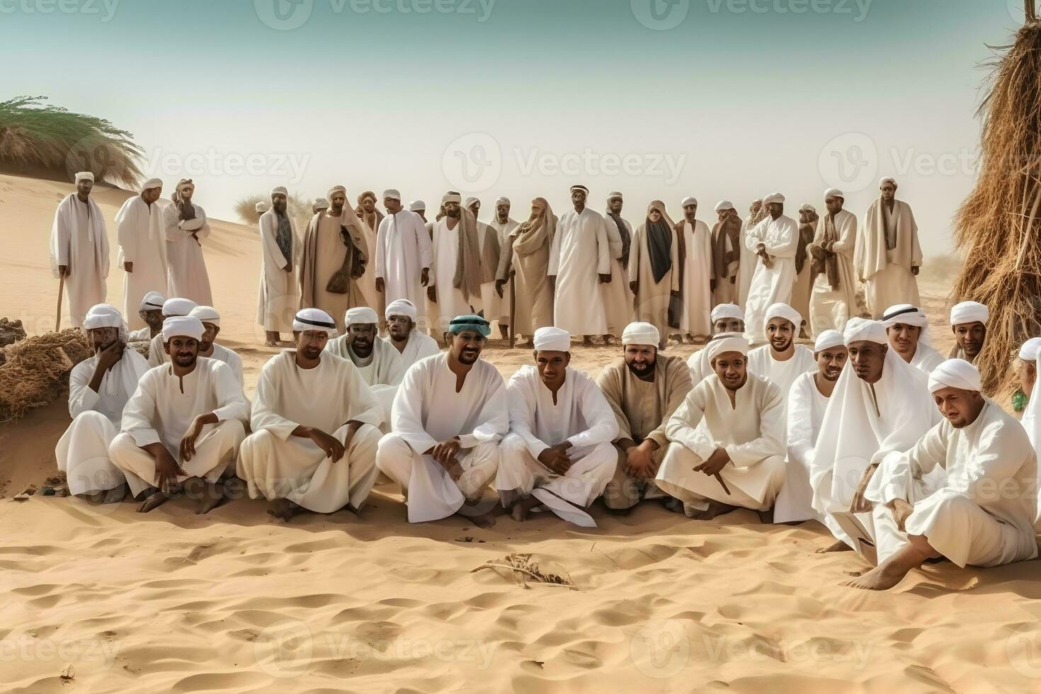 many arab men in the desert. Neural network AI generated photo