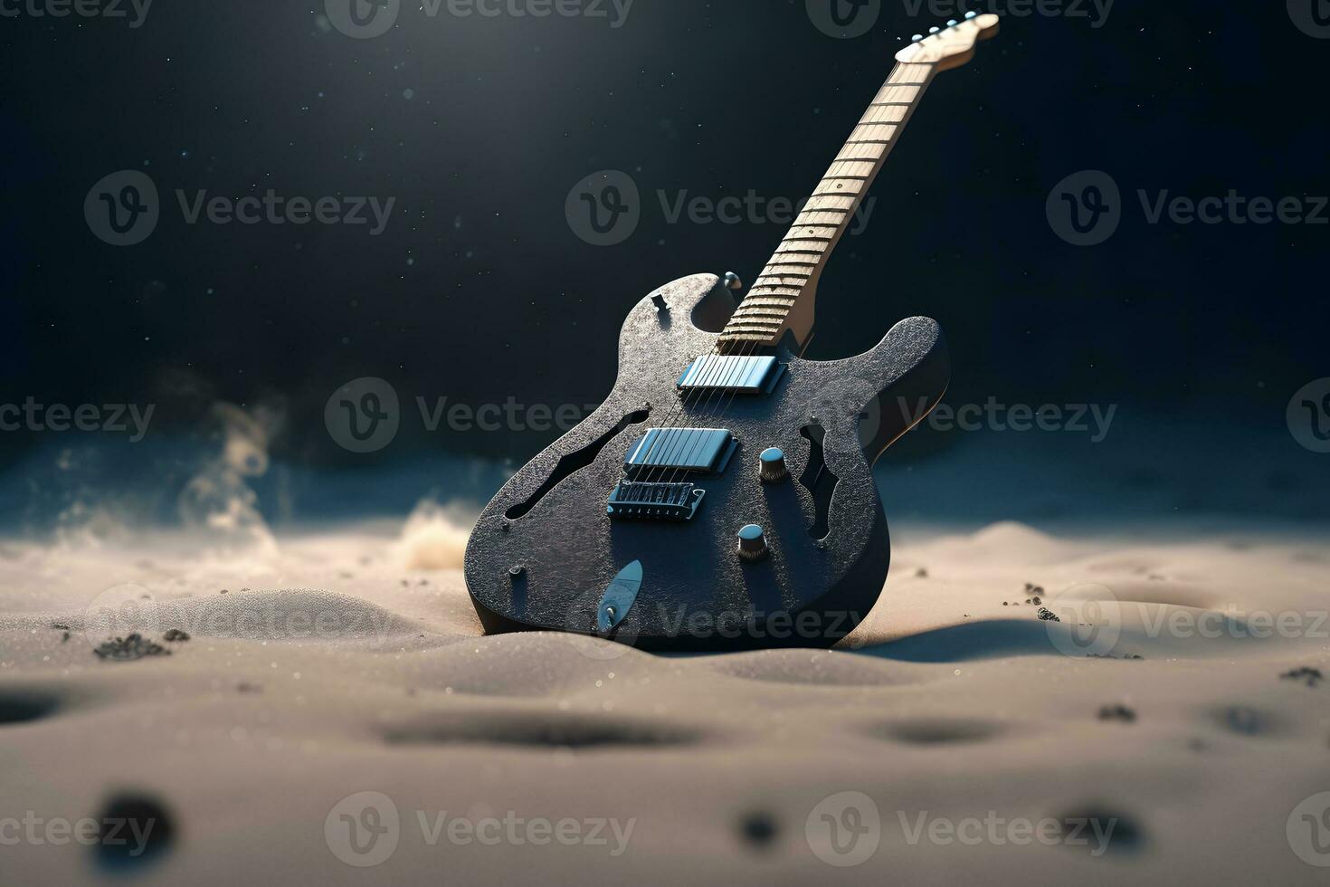 Electric guitar on the sand. Neural network AI generated photo