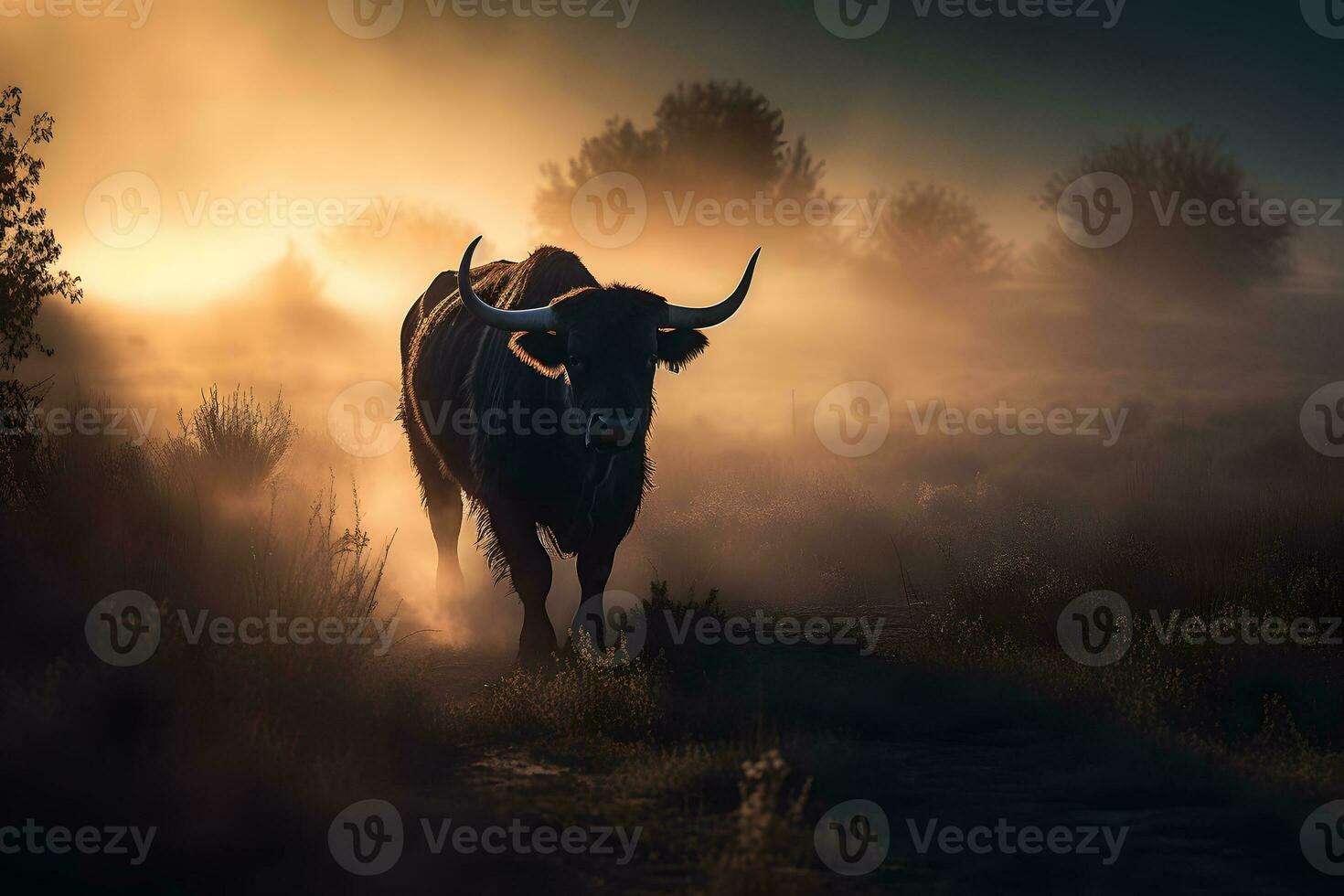 Bull in the wild, Landscape with sunset or sunrise. Neural network AI generated photo