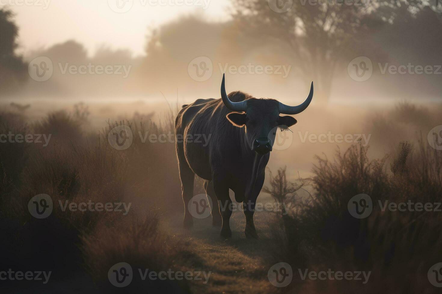 Bull in the wild, Landscape with sunset or sunrise. Neural network AI generated photo