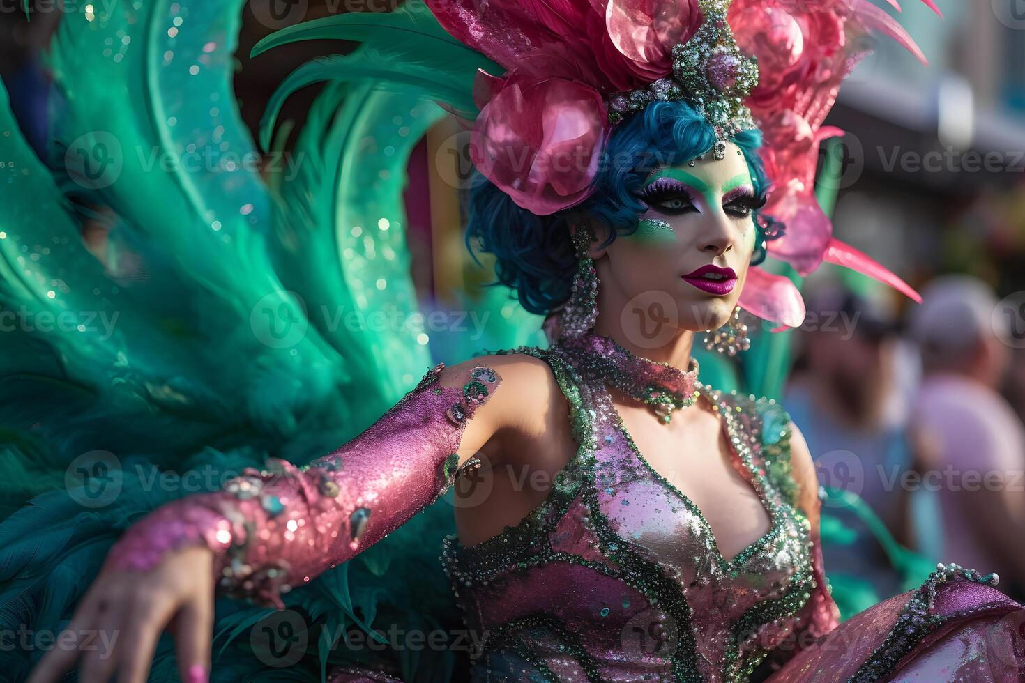 Woman in feather costume at carnival. Neural network AI generated photo