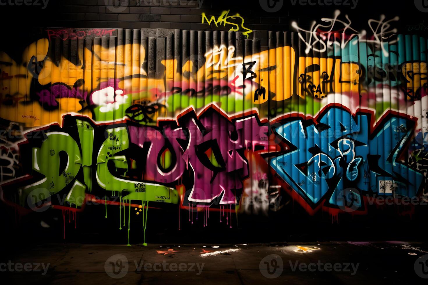 Beautiful street art graffiti style. The wall is decorated with abstract drawings house paint. Neural network AI generated photo