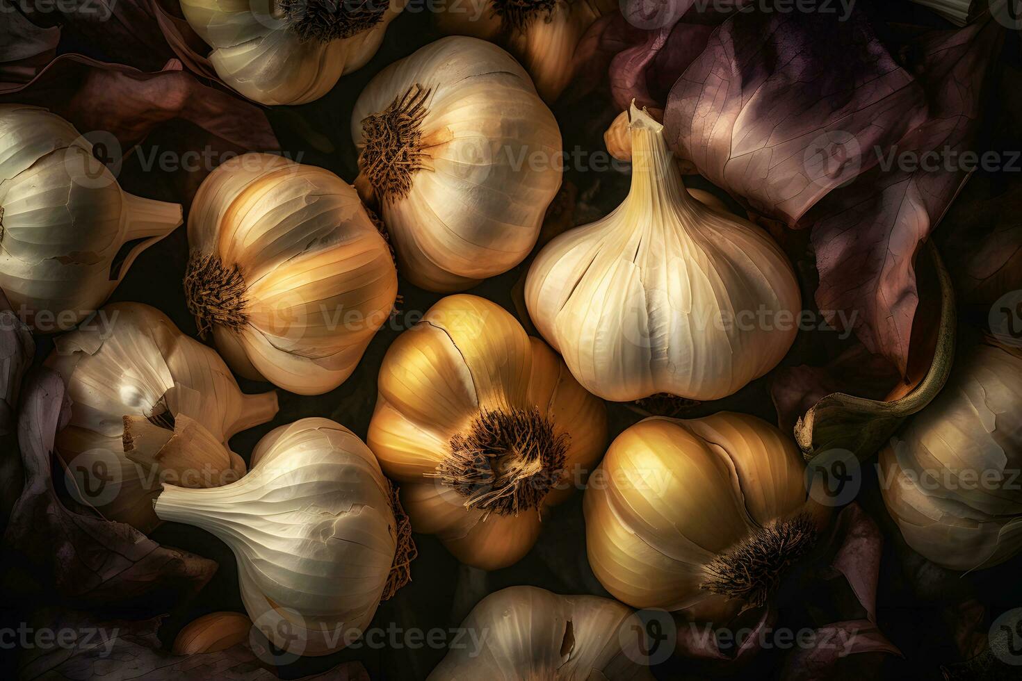 Lots of garlic abstract background. Neural network AI generated photo