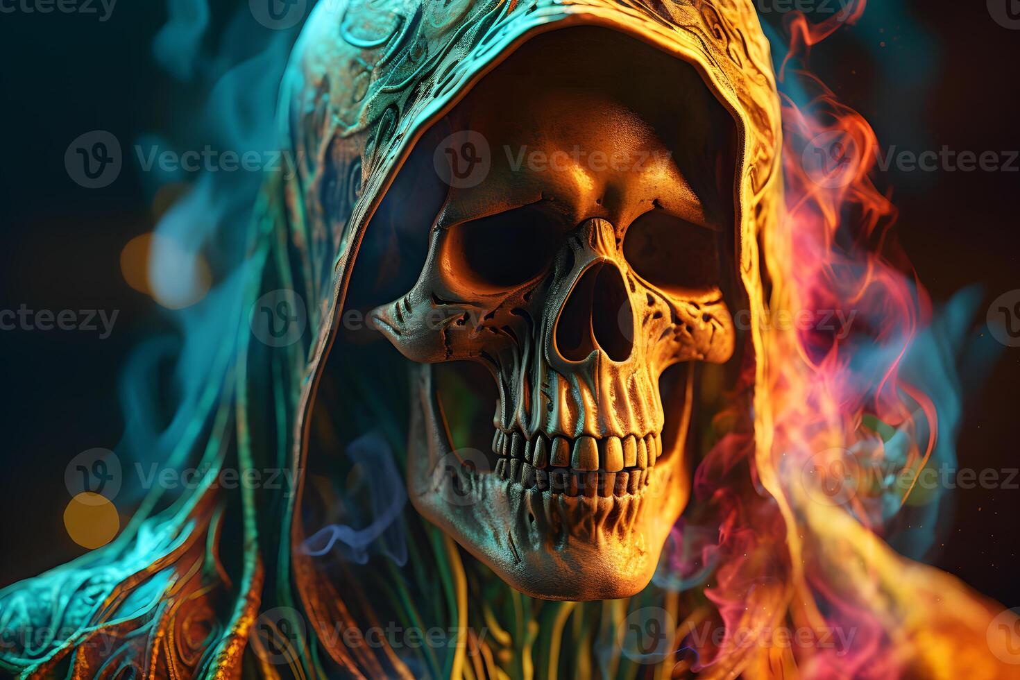 Death portrait skull fire. Neural network AI generated photo