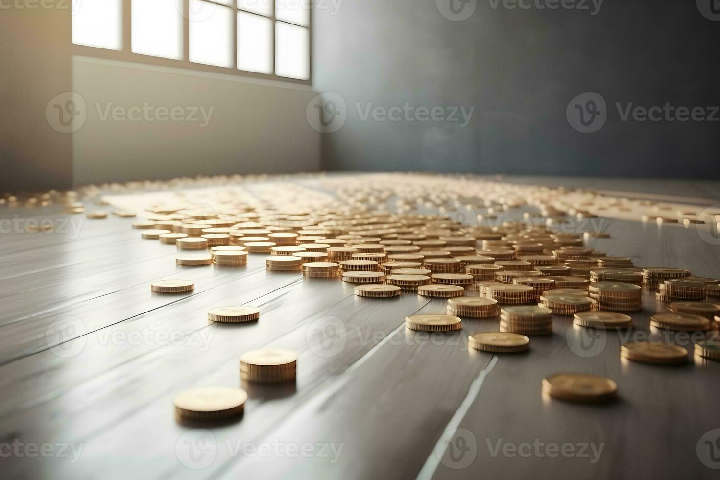 Many gold coins on a wooden background. Neural network AI generated photo
