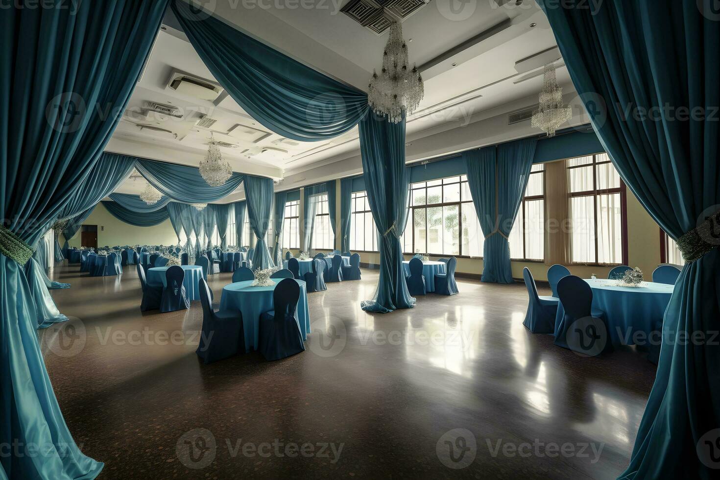 Wedding hall with luxurious blue curtains. Neural network AI generated photo