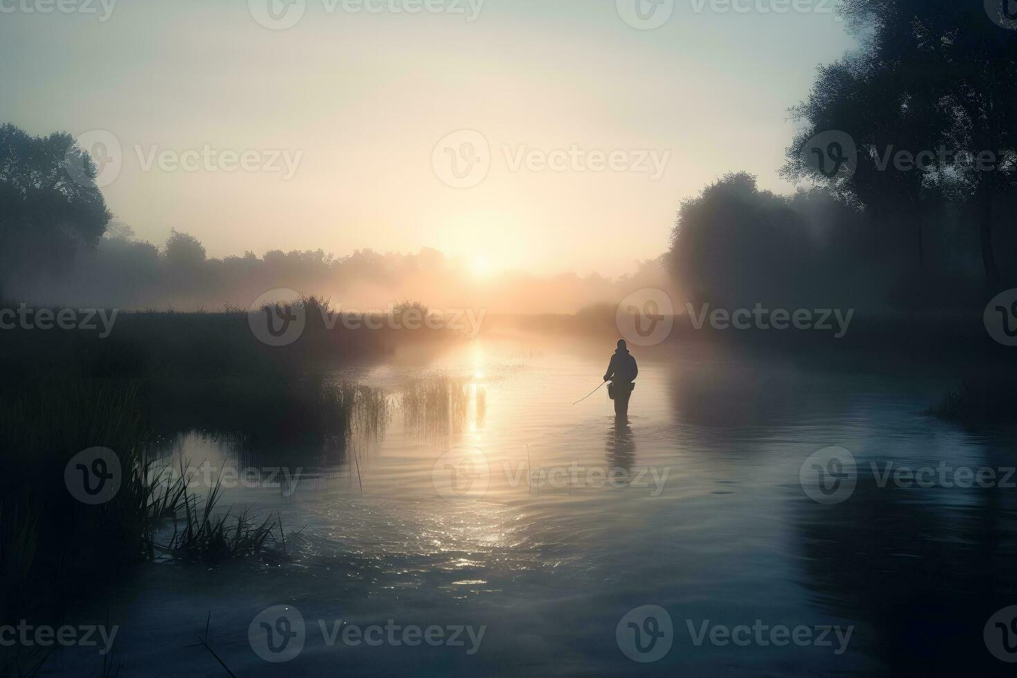 Fisherman by the lake at dawn. Neural network AI generated photo