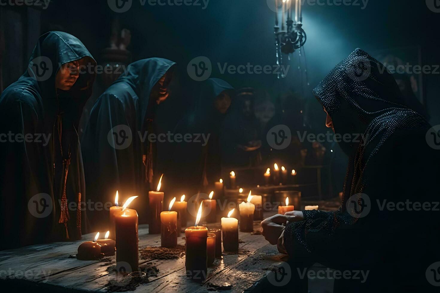 ritual de medieval sacerdotes con velas en el templo. neural red ai generado foto