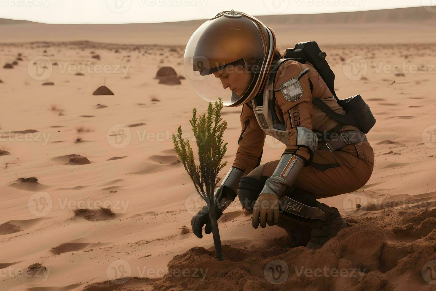 Astronaut planting a tree on the moon or mars. Neural network AI generated photo