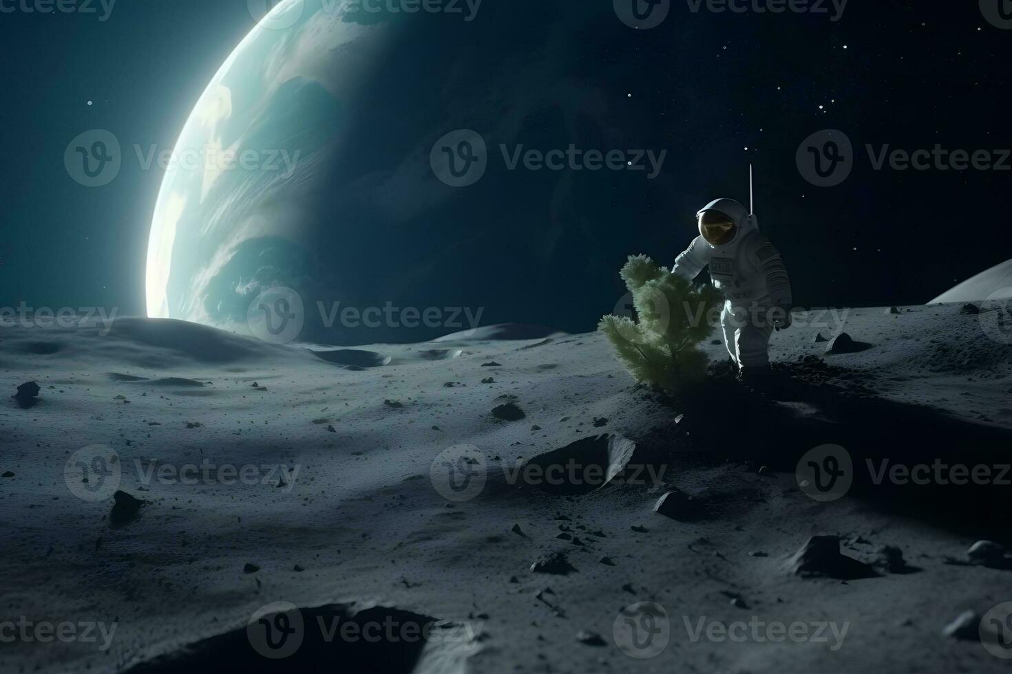 Astronaut planting a tree on the moon or mars. Neural network AI generated photo