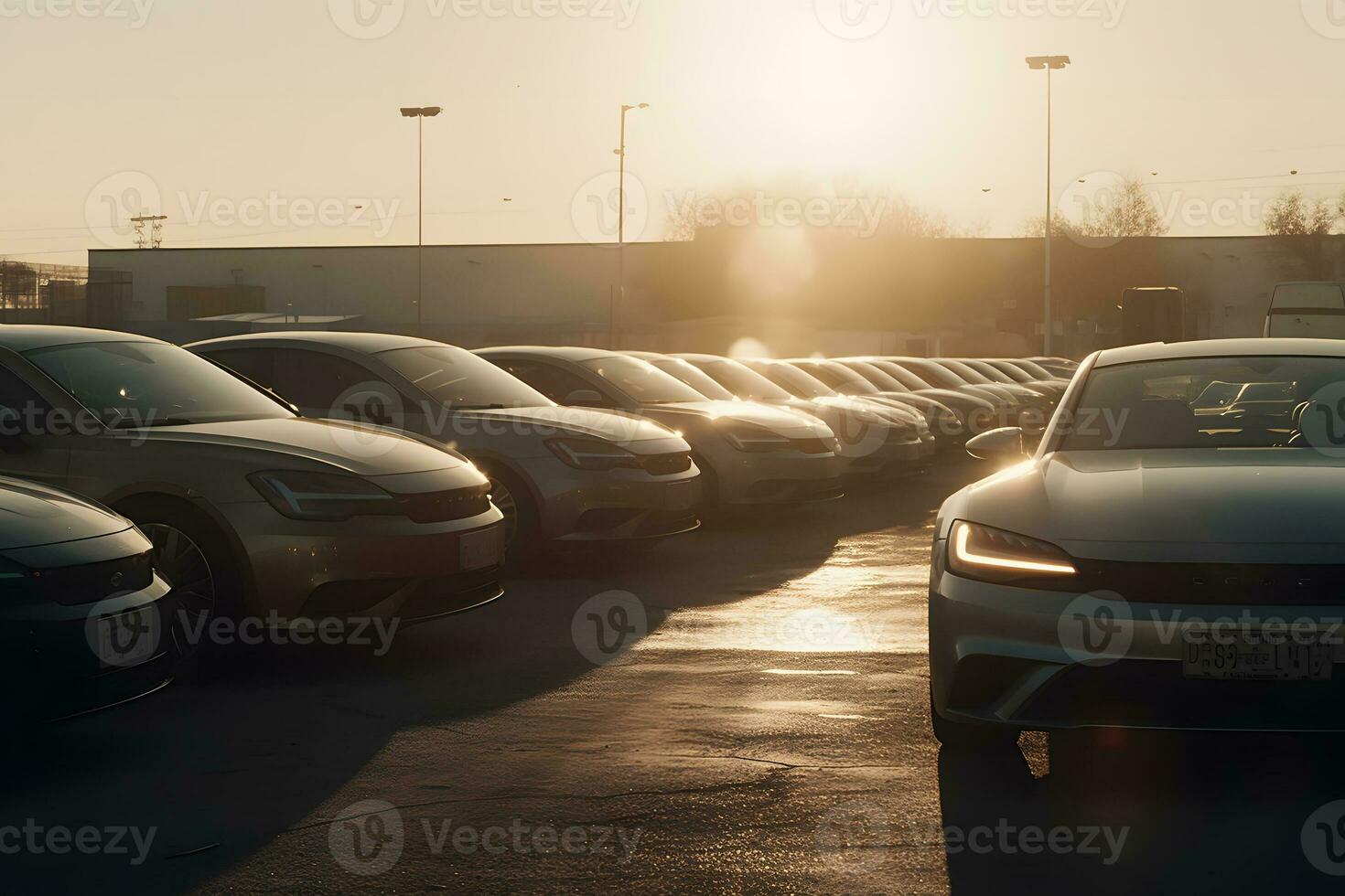 Car park at the end of the day. Car Dealer Inventory. Neural network AI generated photo