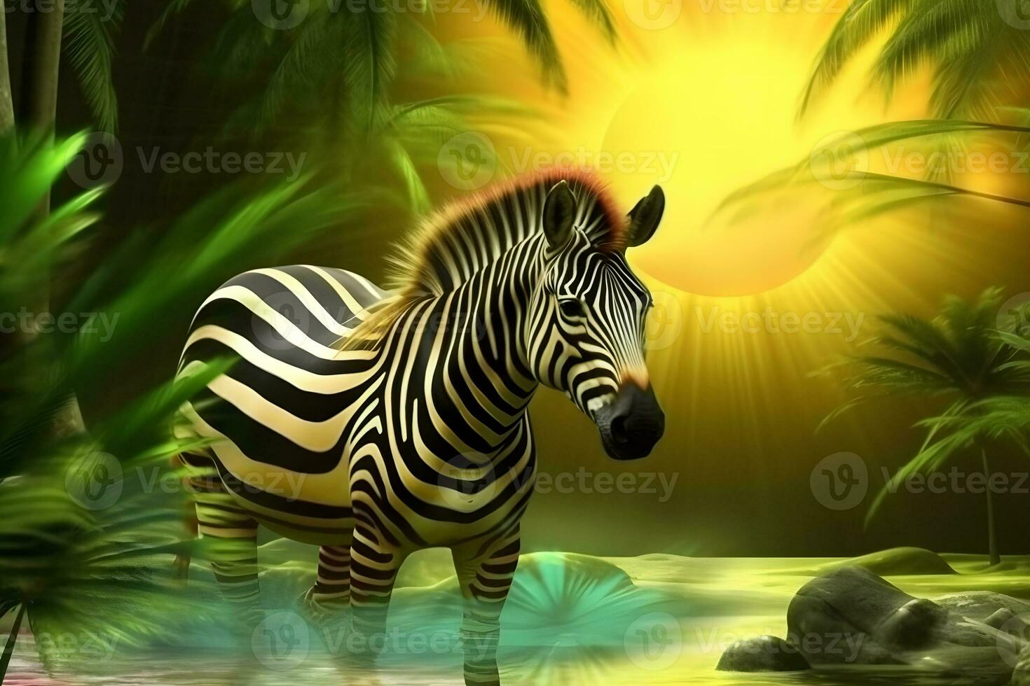 Zebra on a bright rainbow psychedelic background. Neural network AI generated photo