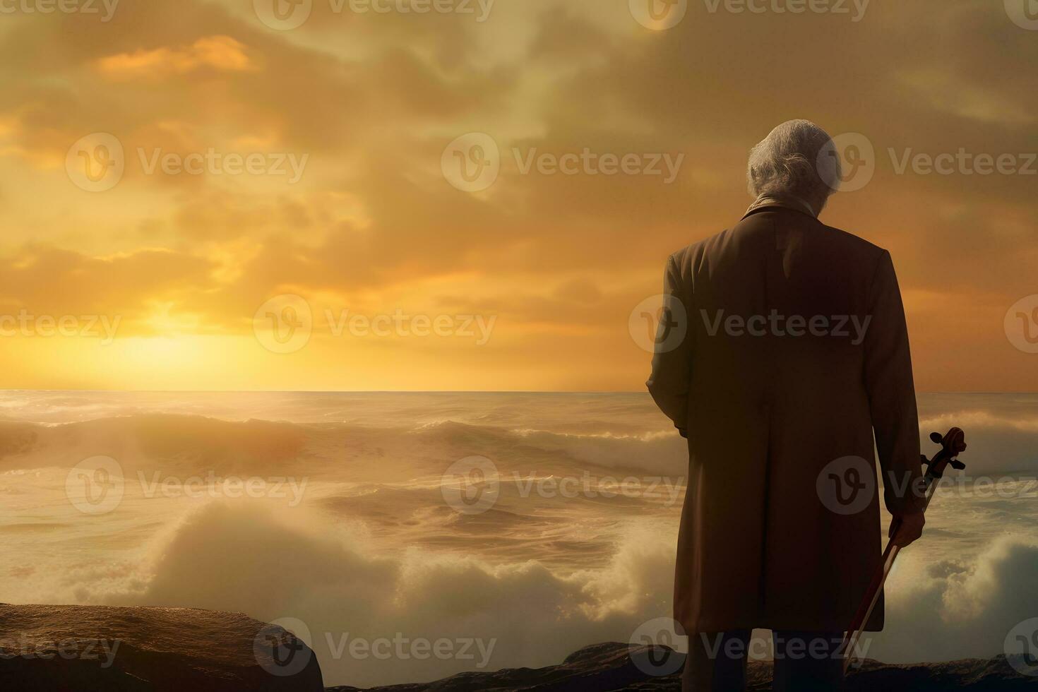 an old man plays the violin against the backdrop of sunset. Neural network AI generated photo