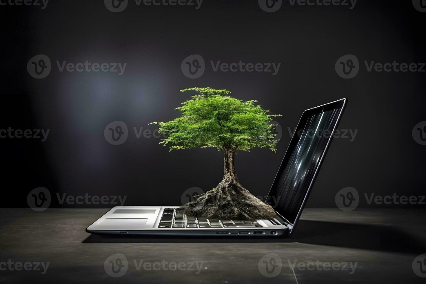 A tree grows from a laptop. Green information technology. Neural network AI generated photo