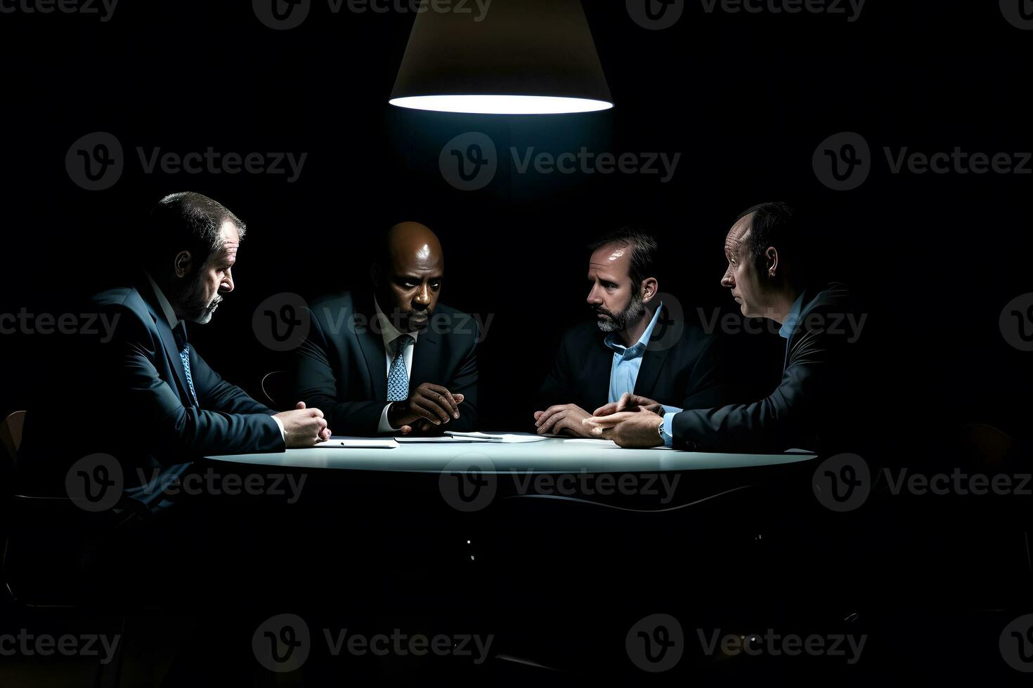 Business meeting in at night in a neon room. Neural network AI generated photo