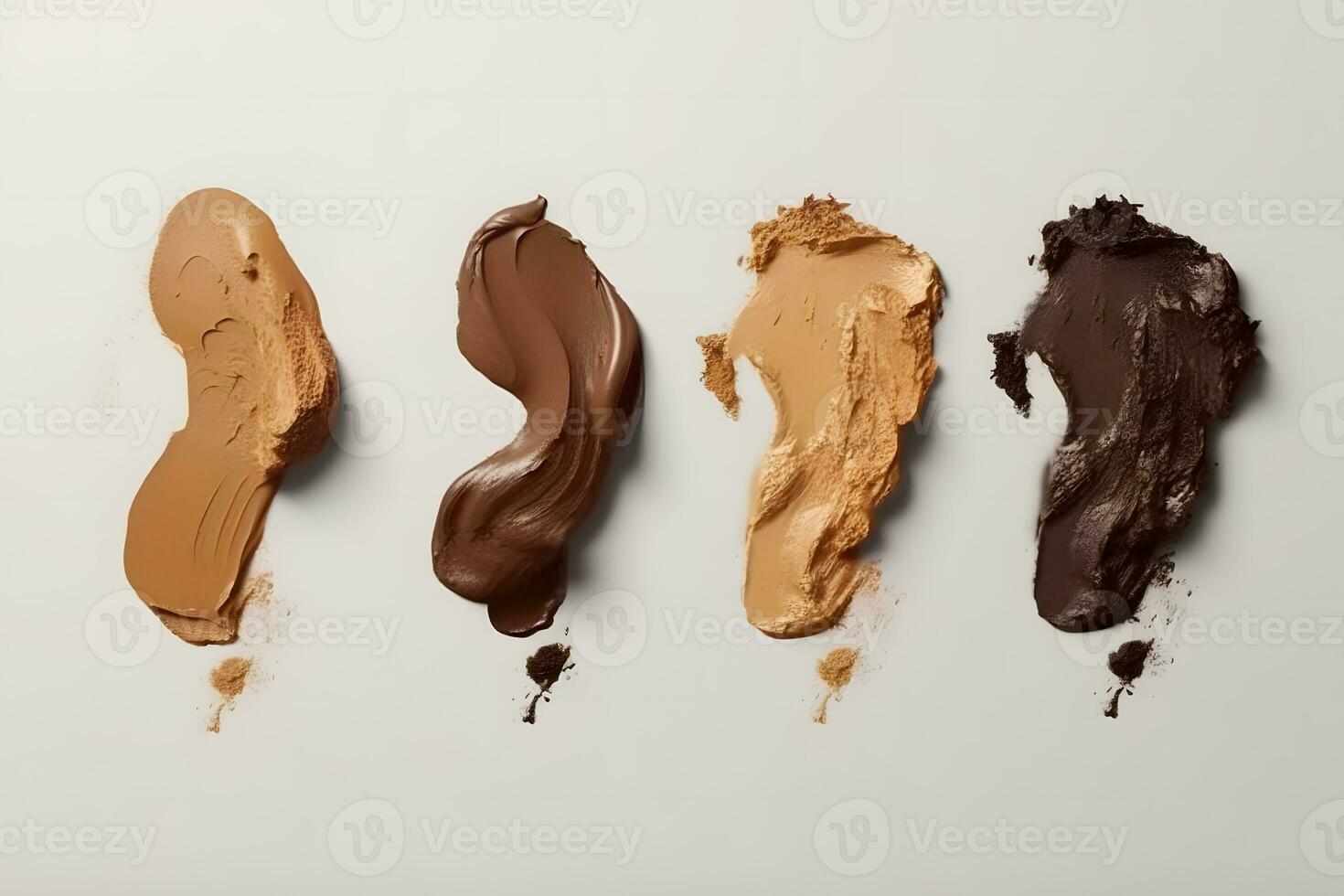 Makeup liquid foundation, beige concealer smears set. Light brown cosmetic make up base cream swatch smudge isolated on white background. BB CC cream texture. Neural network AI generated photo