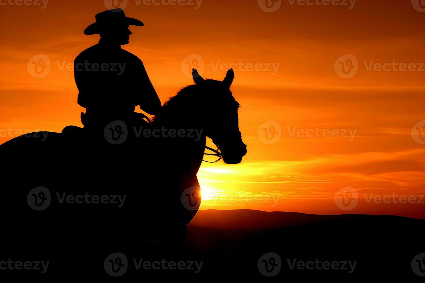 Silhouette Cowboy on horseback. Neural network AI generated photo