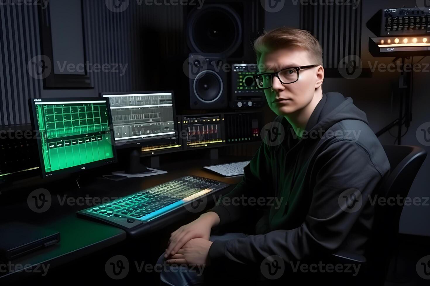 Producer working in sound design studio. Neural network AI generated photo