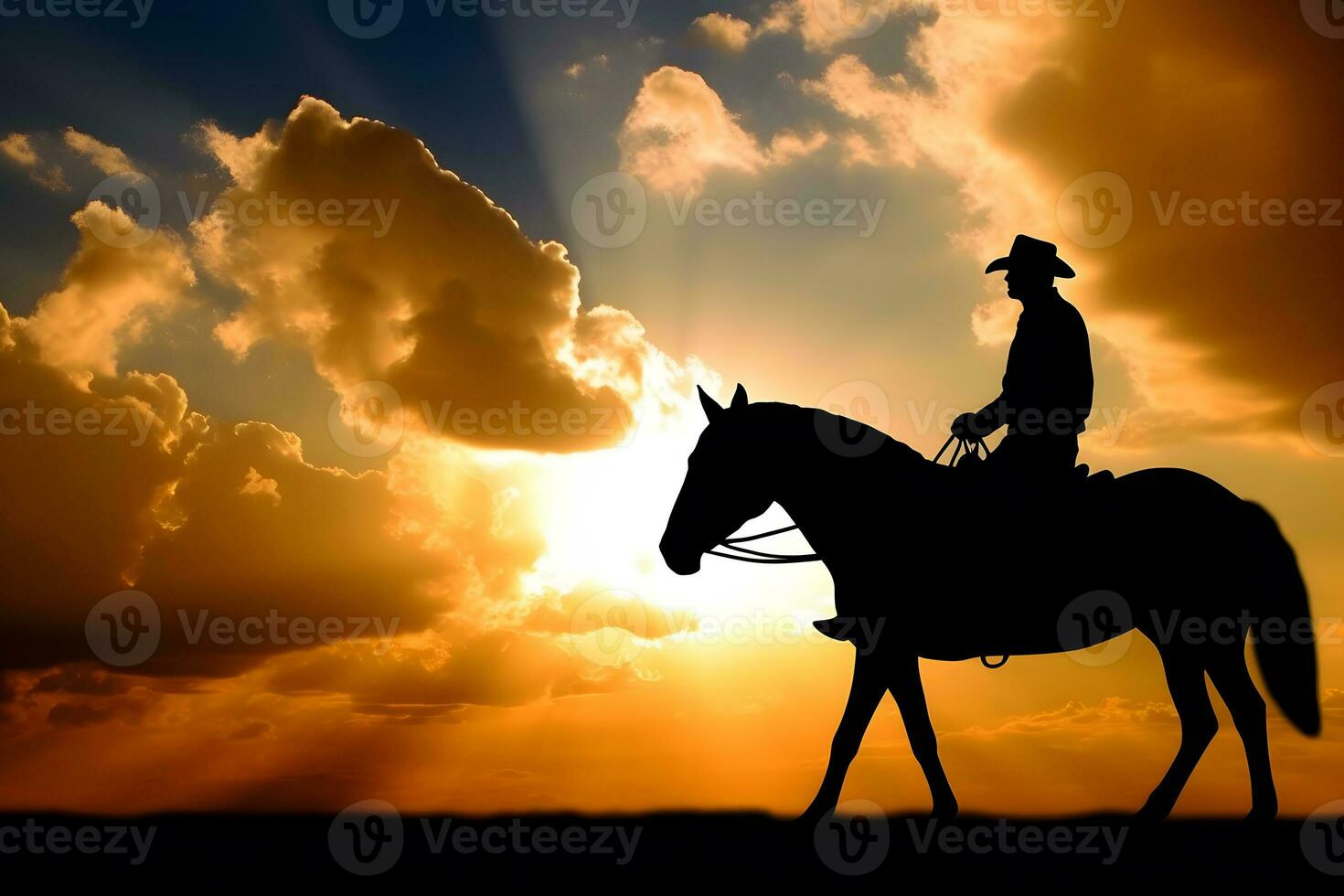 Silhouette Cowboy on horseback. Neural network AI generated photo