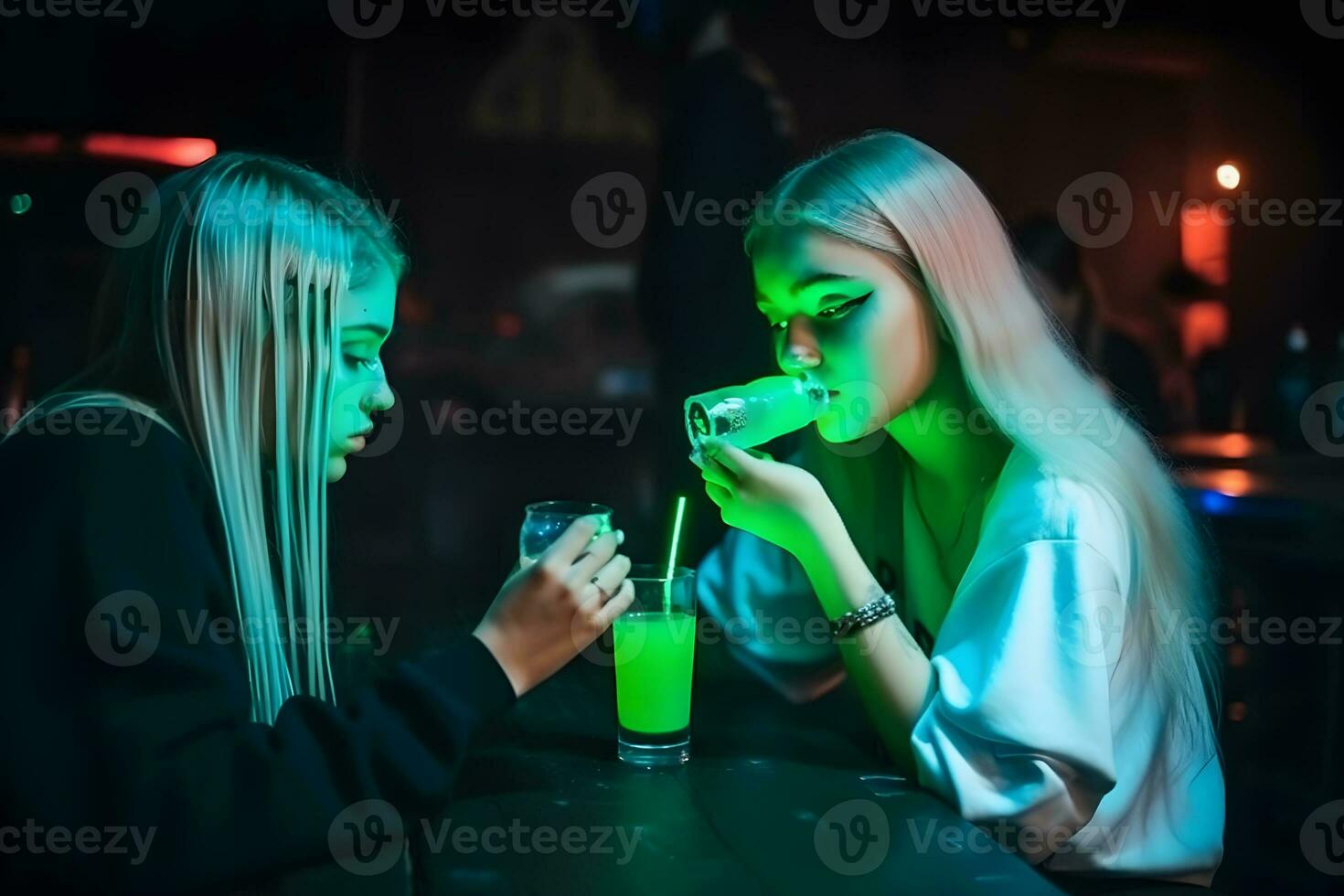 Two attractive young women meeting up in a pub. Neural network AI generated photo