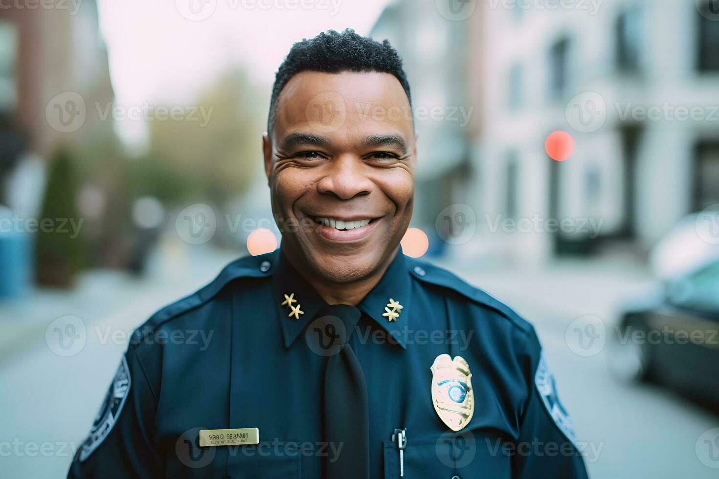 Happy and smiling African American police officer. Neural network AI generated photo