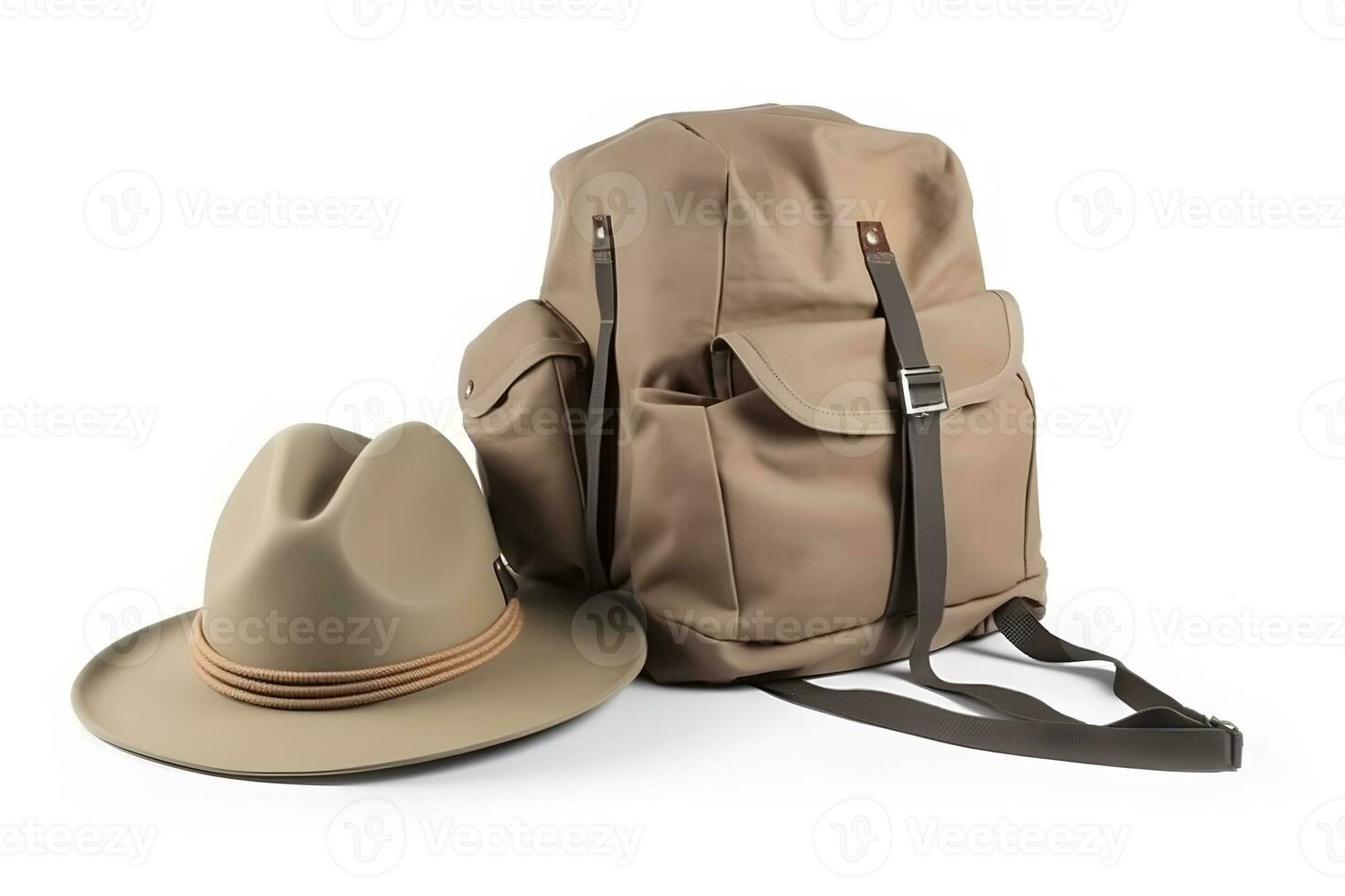 Travel set isolated on white background. Hat, backpack and boots. Neural network AI generated photo