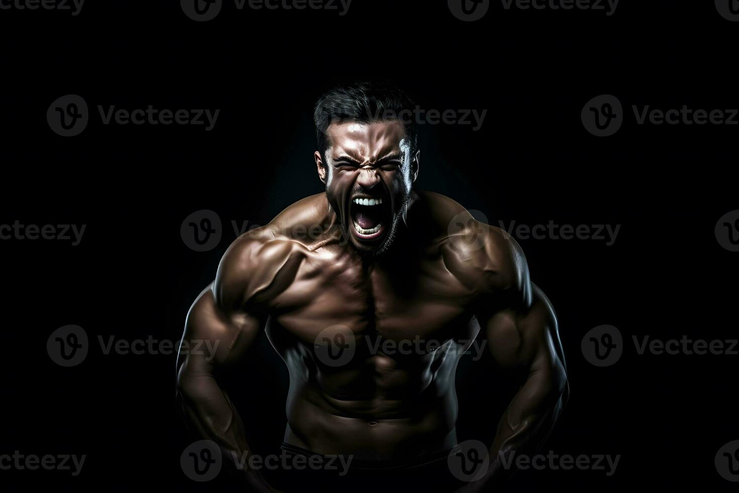 bodybuilder athlete screaming on black background. Neural network AI generated photo