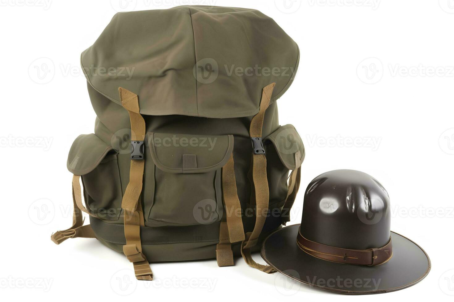 Travel set isolated on white background. Hat, backpack and boots. Neural network AI generated photo