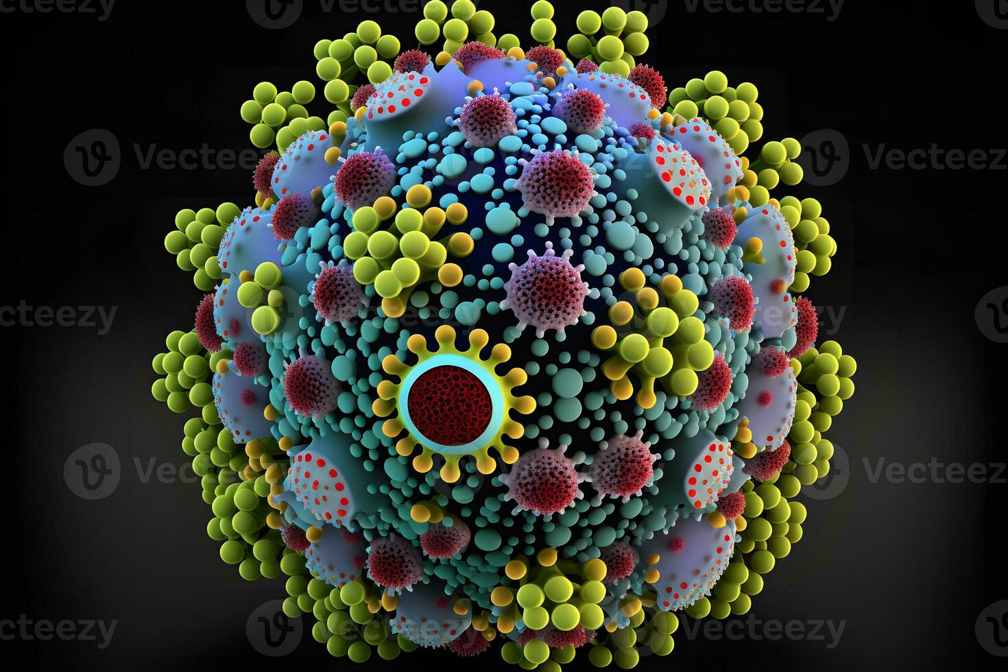 Abstract view of virus of indluenza or covid 19 novel coronavirus through microscope. Neural network generated art photo