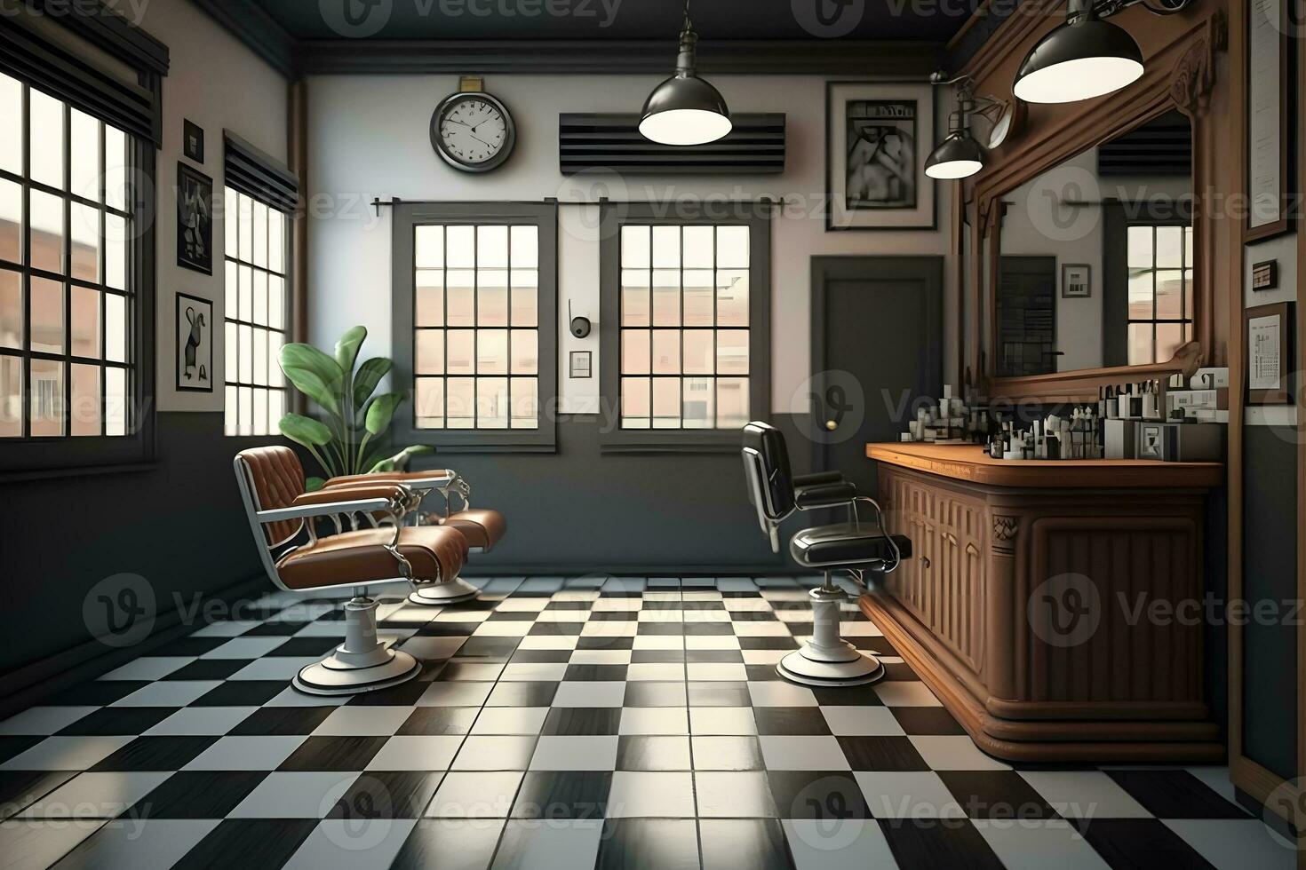 Stylish hairdressing salon interior in daytime. Neural network generated art photo
