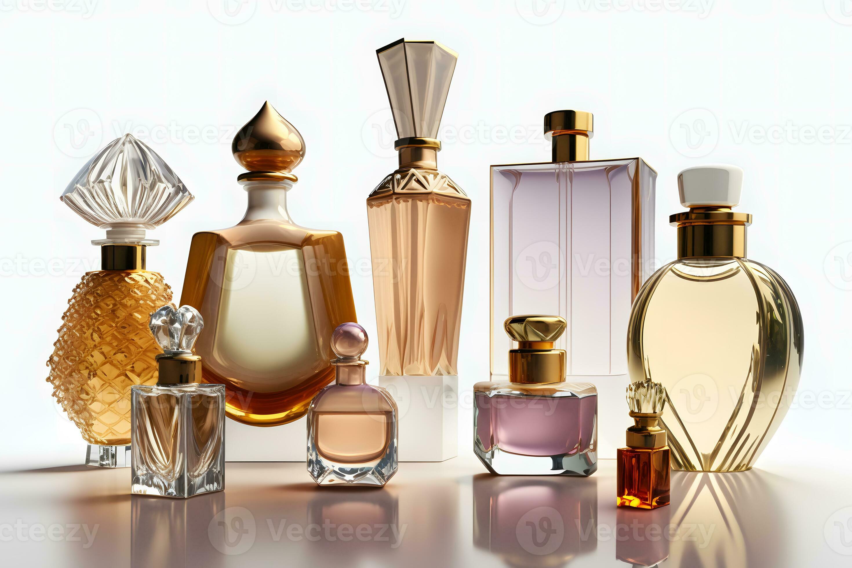 Different luxury perfume bottles on white background. Neural network