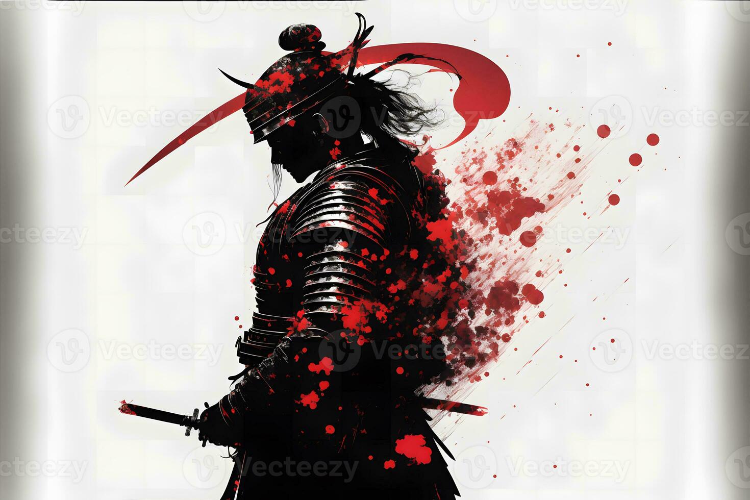 A thoughtful samurai in armor stands in profile against the abstract red and white background. Neural network generated art photo